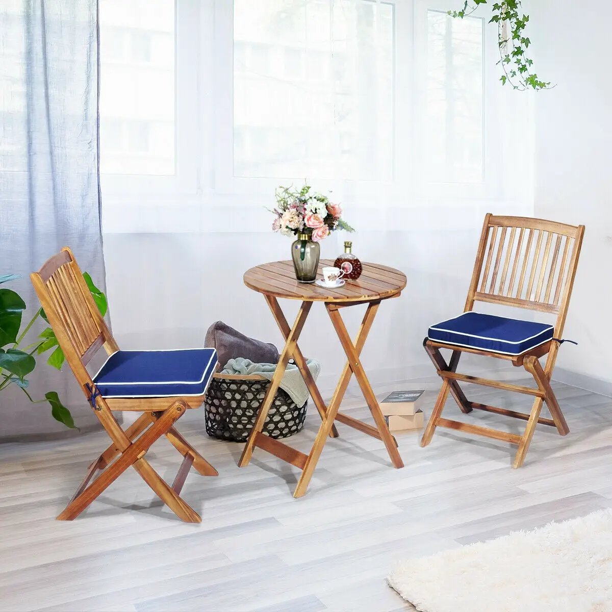 3 Pieces Patio Folding Bistro Set with Padded Cushion and Round Coffee Table-Navy by DirectDeals