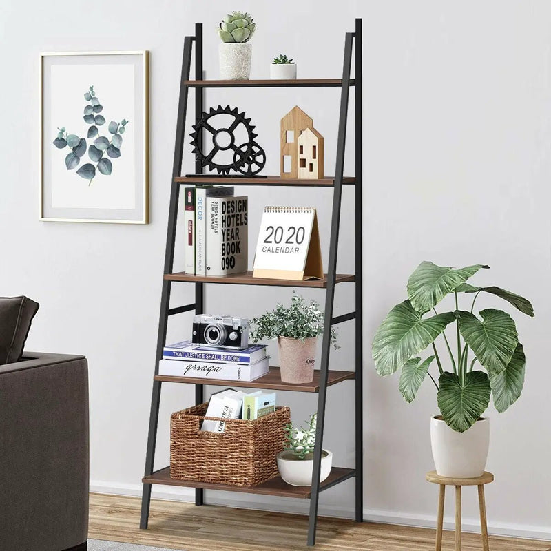 5 Tier Leaning Bookshelf Wood Metal Bookcase by DirectDeals