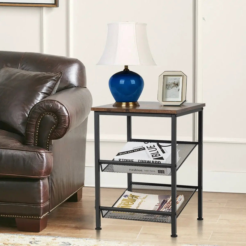 3-Tier Industrial End Table with Mesh Shelves and Adjustable Shelves by DirectDeals