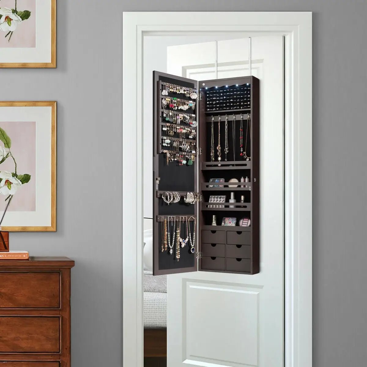 5 LEDs Lockable Mirror Jewelry Cabinet Armoire with 6 Drawers-Brown by DirectDeals