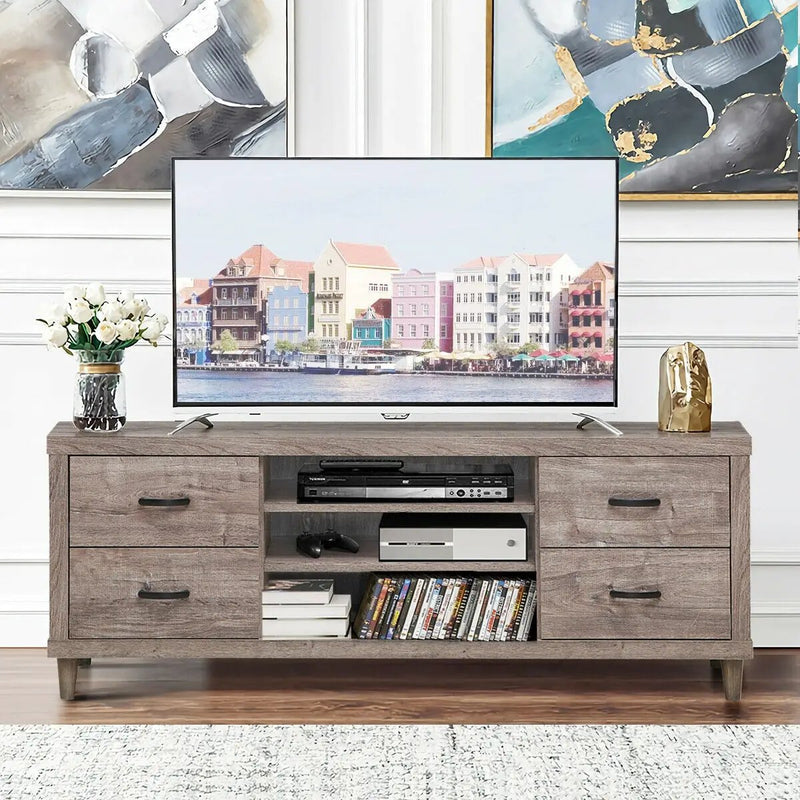 Retro Wooden TV Stand with 3 Open Shelves and 4 Drawers by DirectDeals