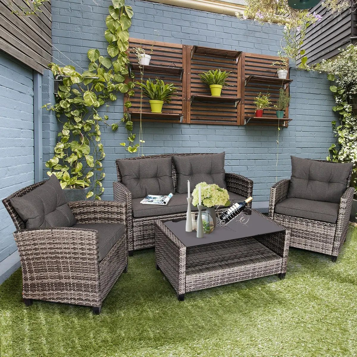 4 Pieces Patio Rattan Furniture Set Coffee Table Cushioned Sofa-Gray by DirectDeals