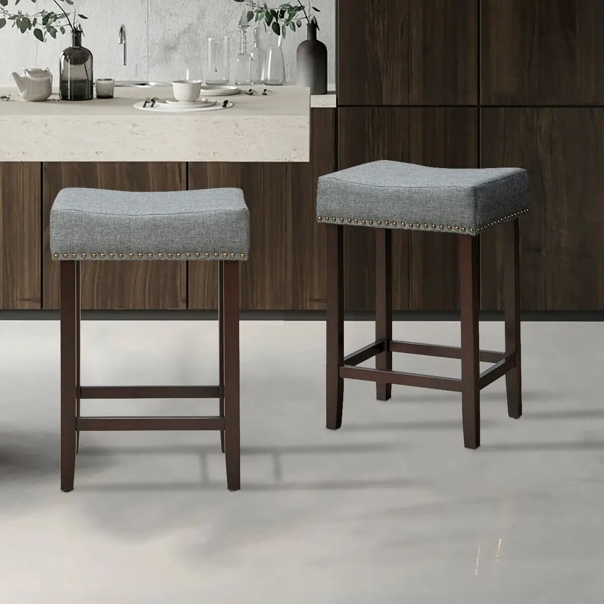 Set of 2 Nailhead Saddle Bar Stools 24 Inch Height by DirectDeals