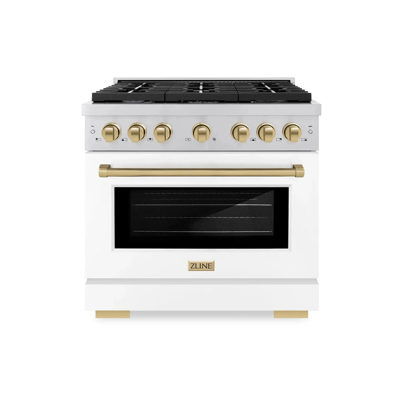 ZLINE 36"Paramount Dual Fuel Range White Matte Champagne Bronze SDRZ-WM-36-CB by Farmhouse Kitchen and Bath