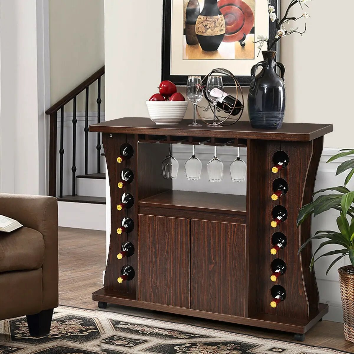 Rolling Buffet Sideboard Wooden Bar Storage Cabinet-Walnut by DirectDeals