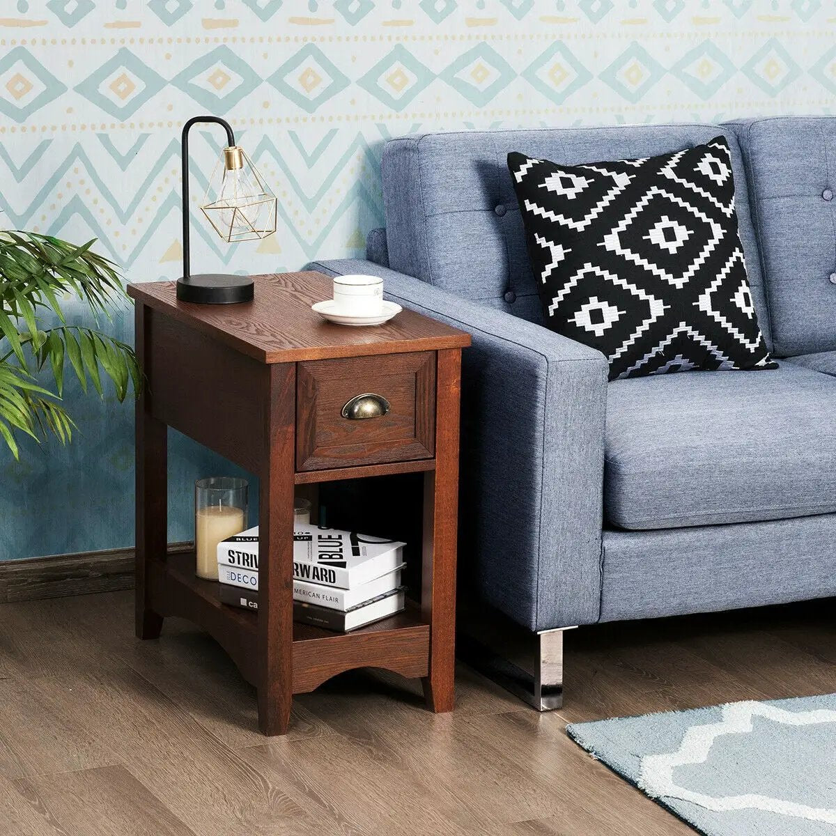 2 Pieces Retro Narrow Tiered End Table with Drawer and Storing Shelf by DirectDeals