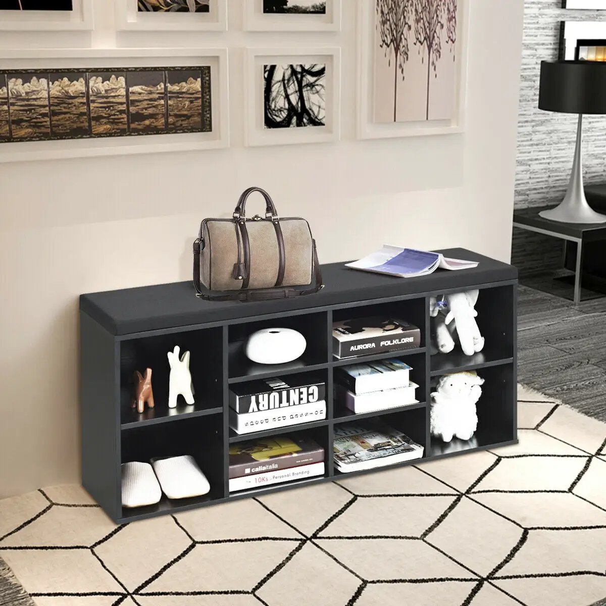 10-Cube Organizer Shoe Storage Bench with Cushion for Entryway by DirectDeals