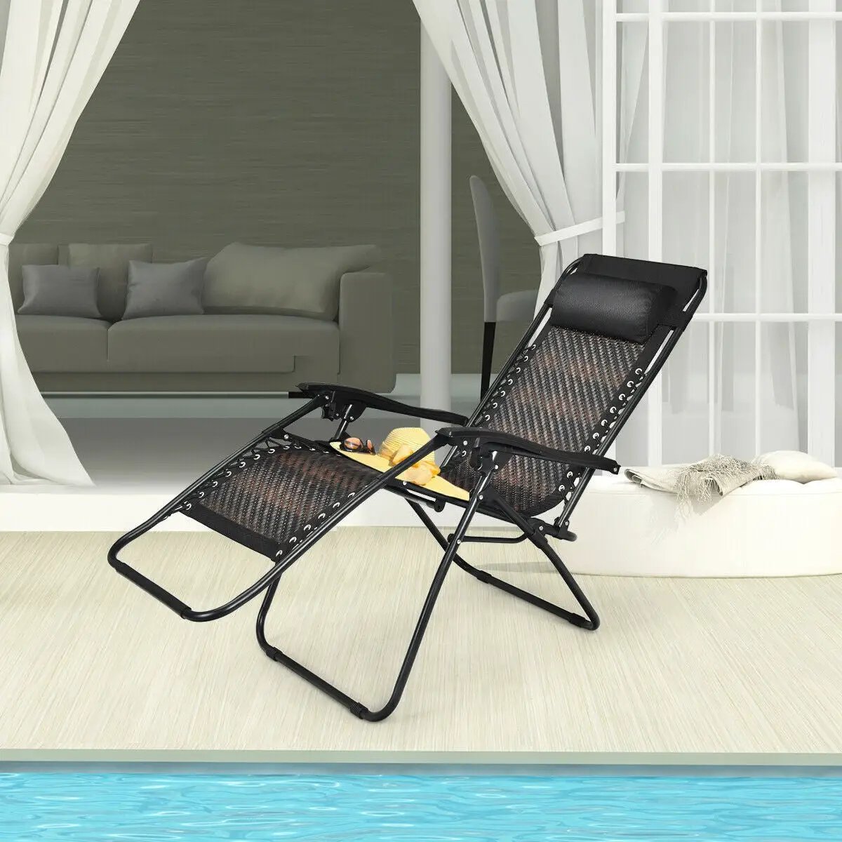 Folding Rattan Zero Gravity Lounge Chair with Removable Head Pillow by DirectDeals