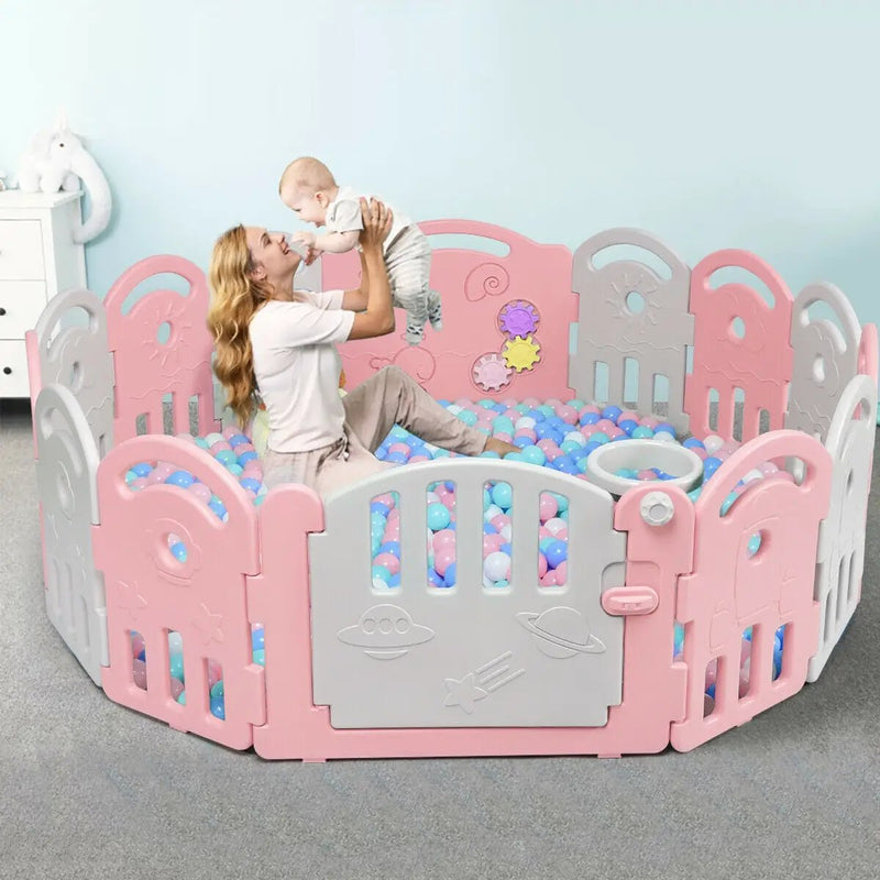 14-Panel Baby Playpen with Music Box & Basketball Hoop-Pink by DirectDeals