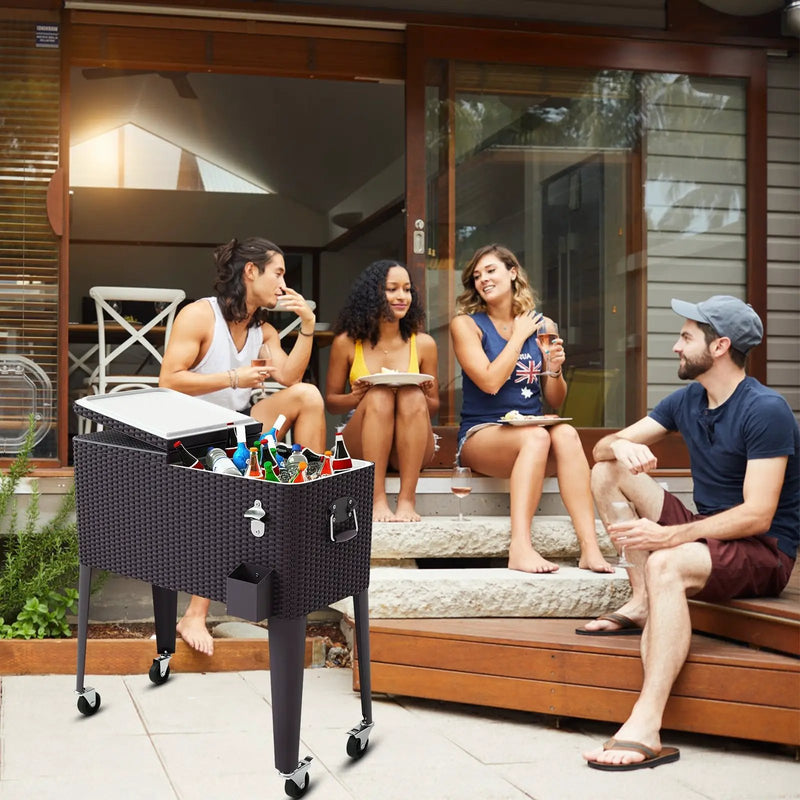 80QT Outdoor Party Portable Rattan Rolling Cooler Cart by DirectDeals