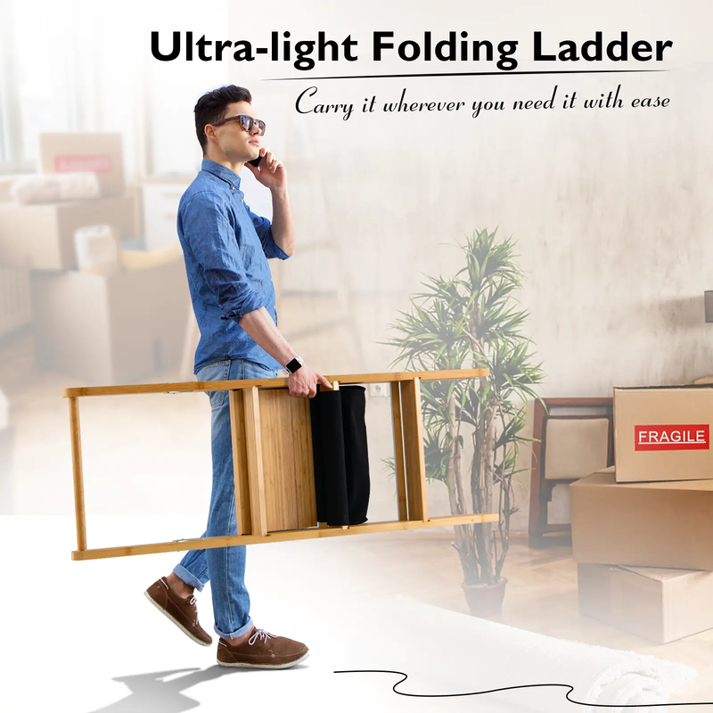 3 Step Foldable Bamboo Step Ladder Stool with Tool Storage Bag-Natural by DirectDeals