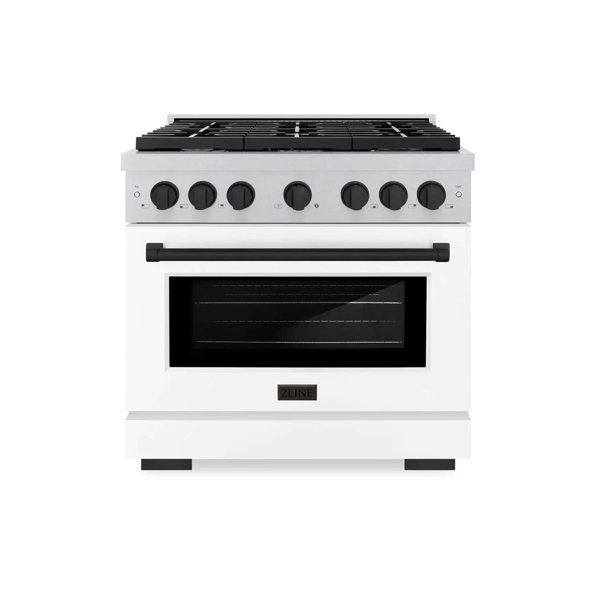 ZLINE 36"Paramount Dual Fuel Range DuraSnow® White Matte, Matte Black SDRSZ-WM-36-MB by Farmhouse Kitchen and Bath