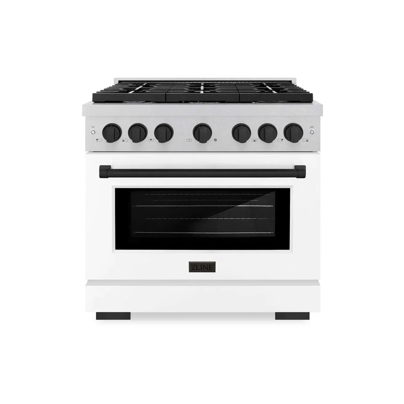 ZLINE 36"Paramount Dual Fuel Range DuraSnow® White Matte, Matte Black SDRSZ-WM-36-MB by Farmhouse Kitchen and Bath