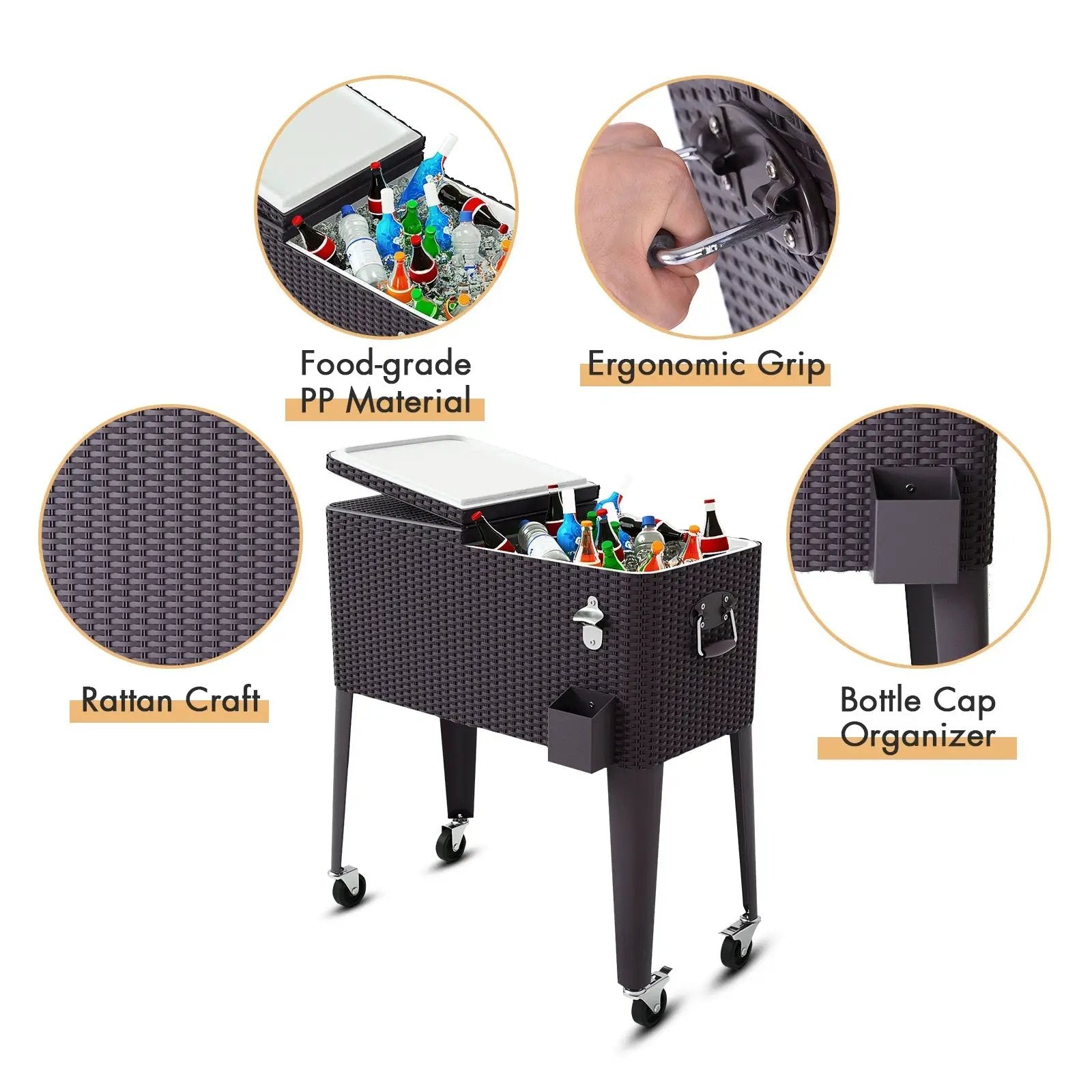 80QT Outdoor Party Portable Rattan Rolling Cooler Cart by DirectDeals
