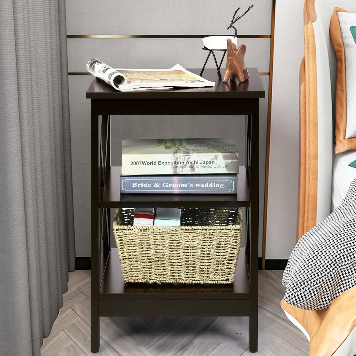 3-Tier Nightstand End Table with X Design Storage by DirectDeals