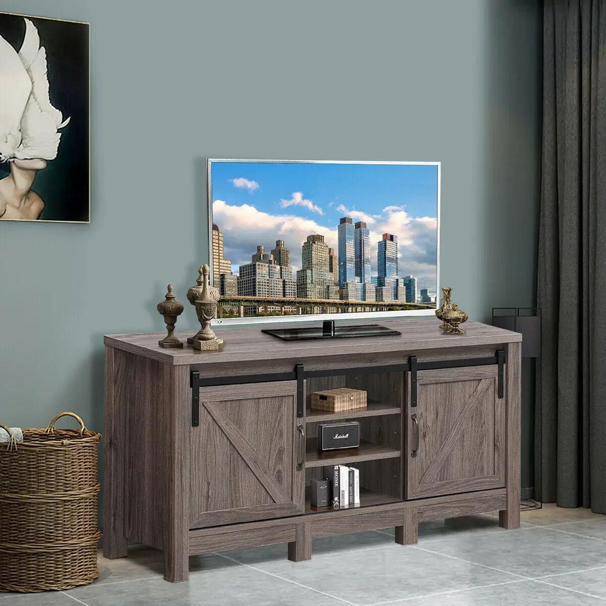 55 Inch TV Sliding Barn Door Entertainment Center with Adjustable Shelves by DirectDeals