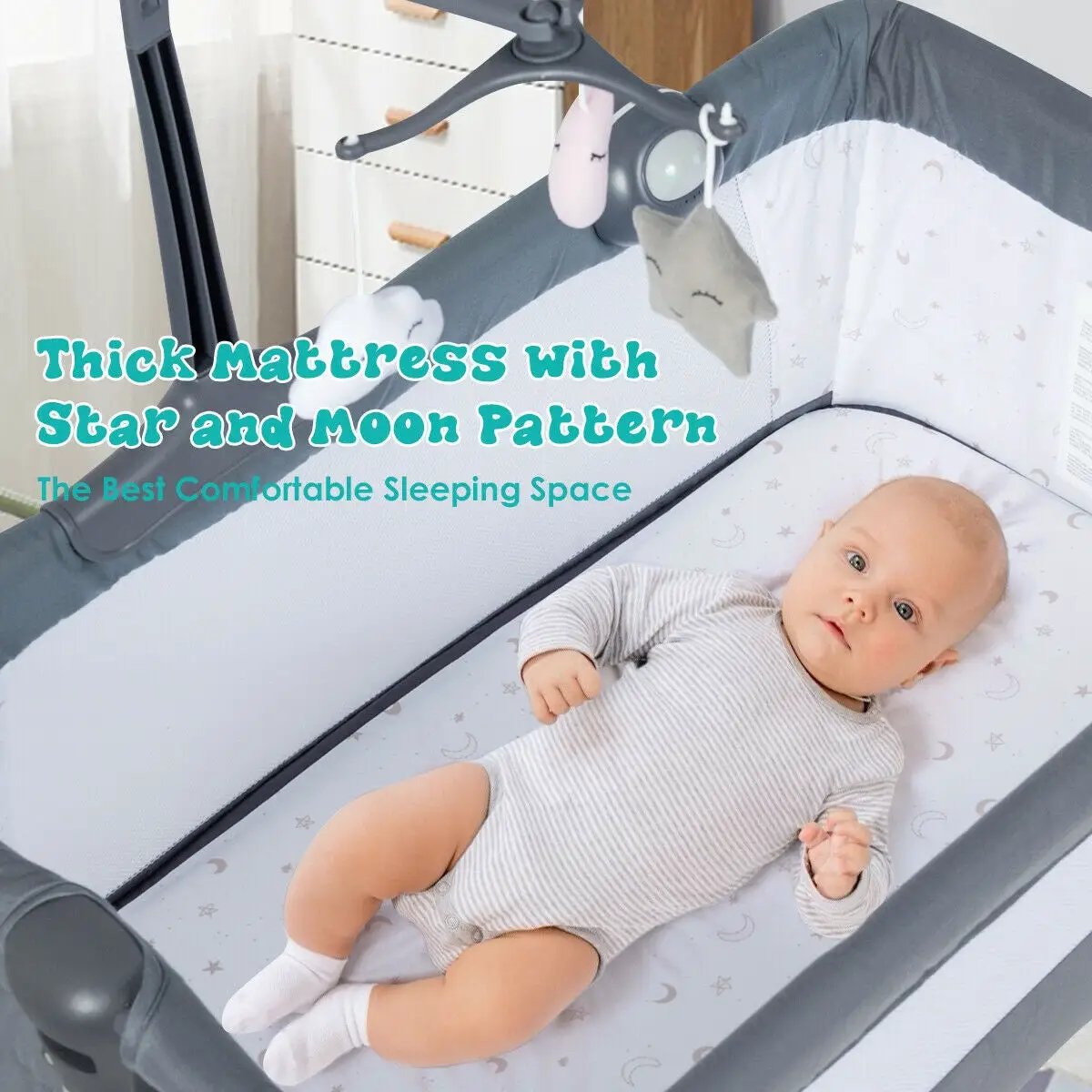 Height Adjustable Baby Side Crib with Music Box & Toys by DirectDeals
