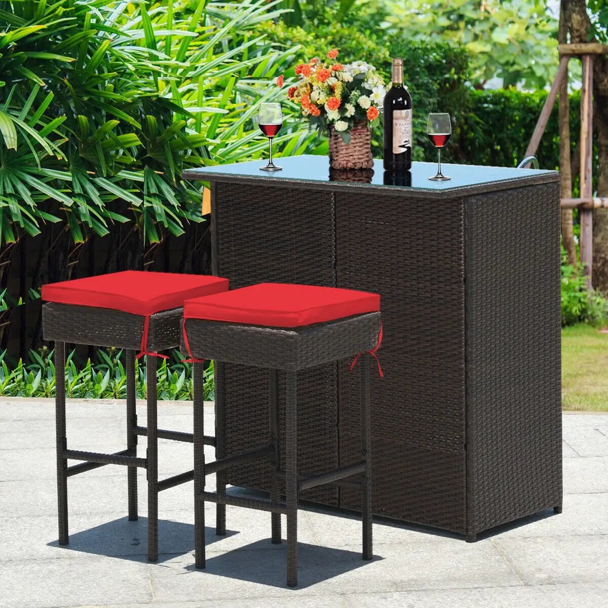 3PCS Patio Rattan Wicker Bar Table Stools Dining Set-Turquoise by DirectDeals