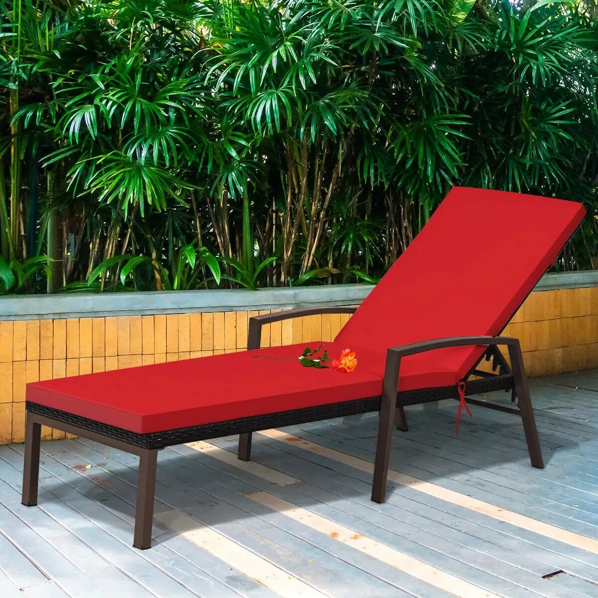 Patio Rattan Lounge Chaise Recliner with Back Adjustable Cushioned by DirectDeals