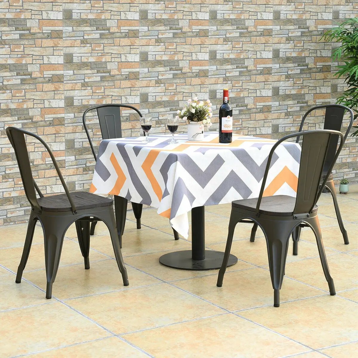 4 Pieces Tolix Style Metal Dining Side Chair Stackable Wood Seat by DirectDeals