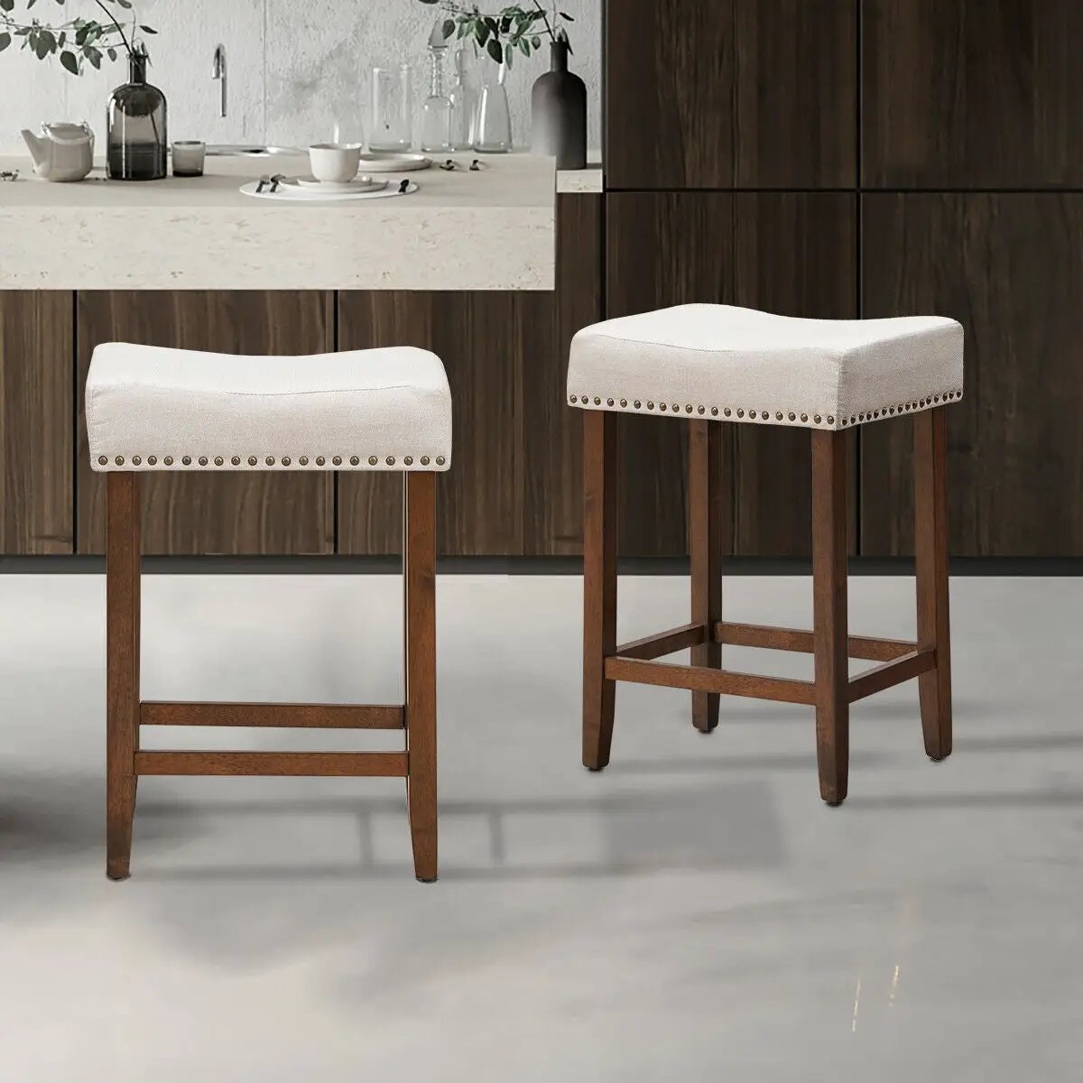 Set of 2 Nailhead Saddle Bar Stools 24 Inch Height by DirectDeals