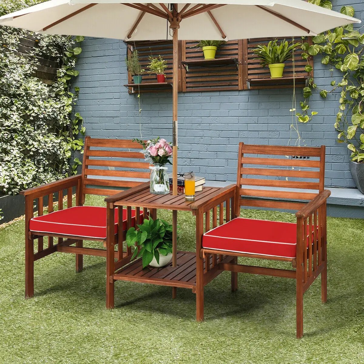 3 pcs Outdoor Patio Table Chairs Set Acacia Wood Loveseat by DirectDeals