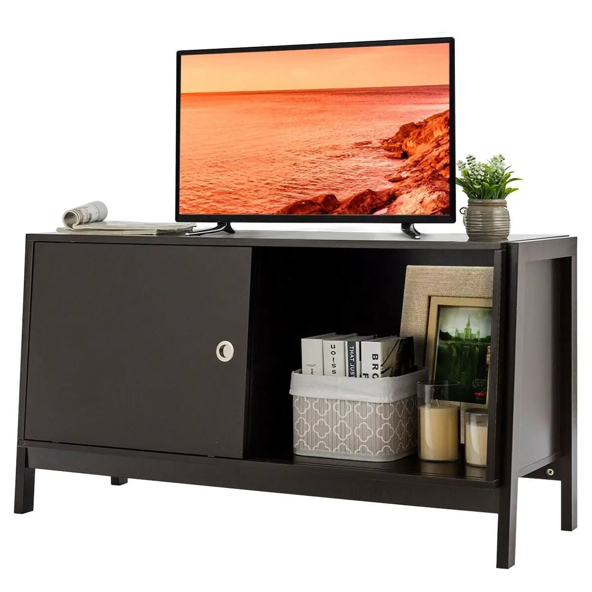 TV Stand Modern Entertainment Cabinet with Sliding Doors-Dark Brown by DirectDeals