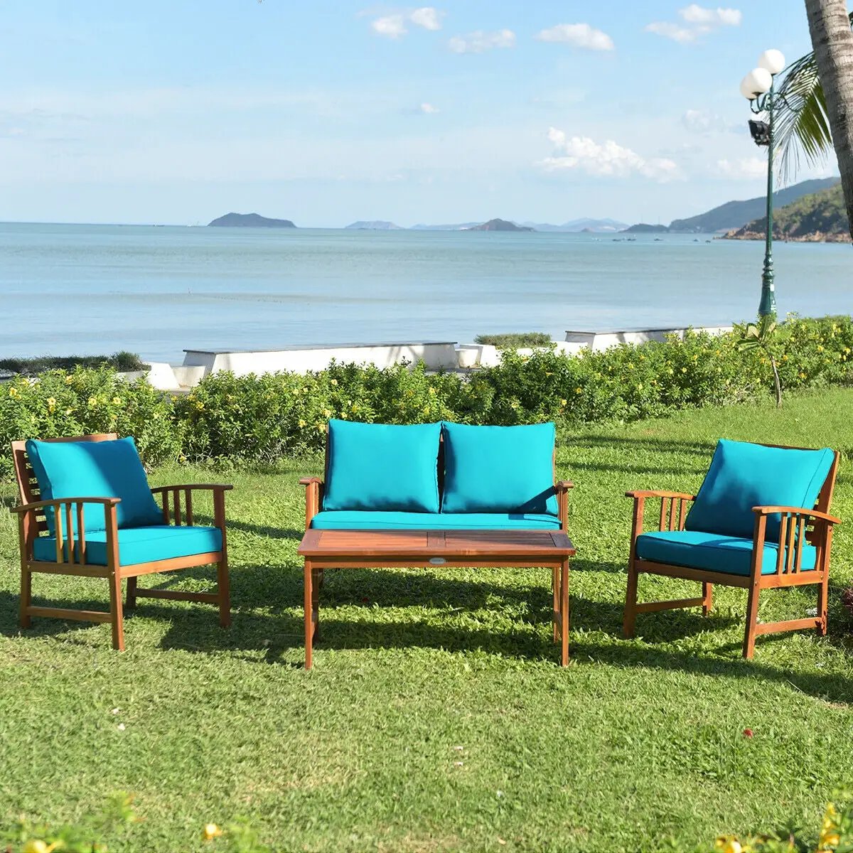 4 Pcs Wooden Patio Furniture Set Table Sofa Chair Cushioned Garden by DirectDeals