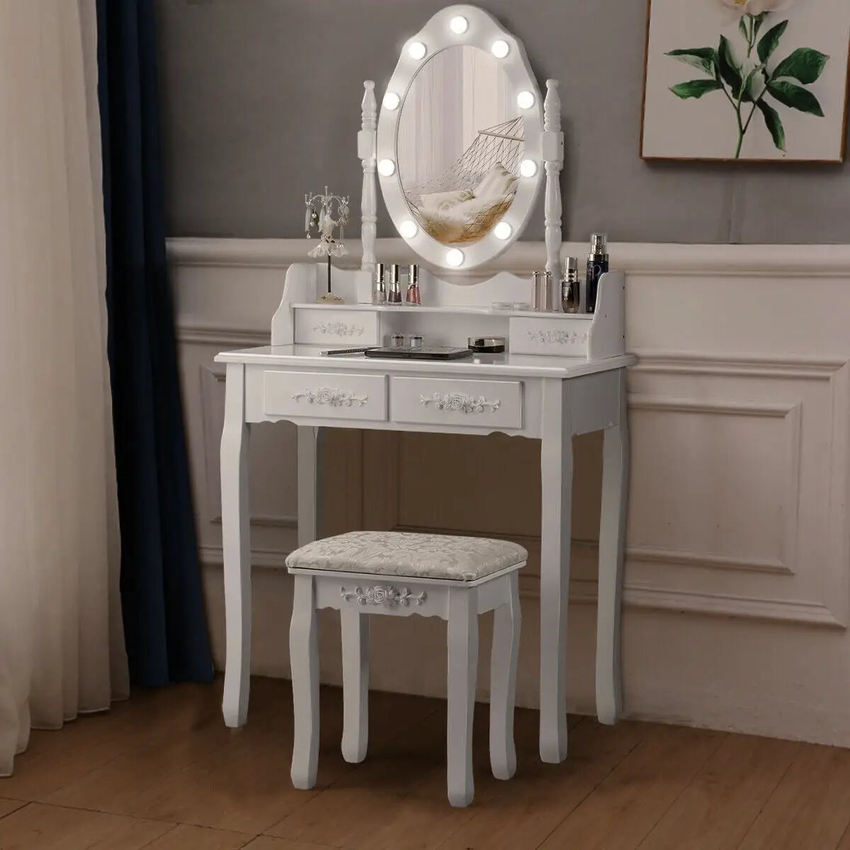 Makeup Vanity Dressing Table Set with Dimmable Bulbs Cushioned Stool by DirectDeals