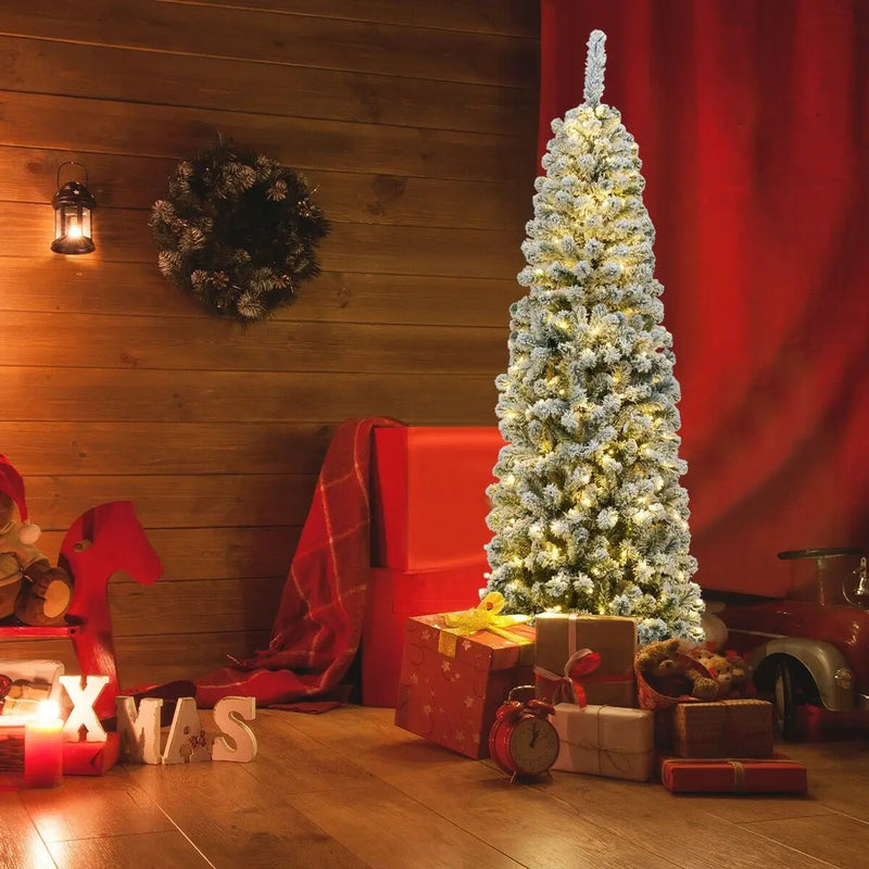 6 Feet Pre-lit Snow Flocked Artificial Pencil Christmas Tree with 250 LED Lights by DirectDeals