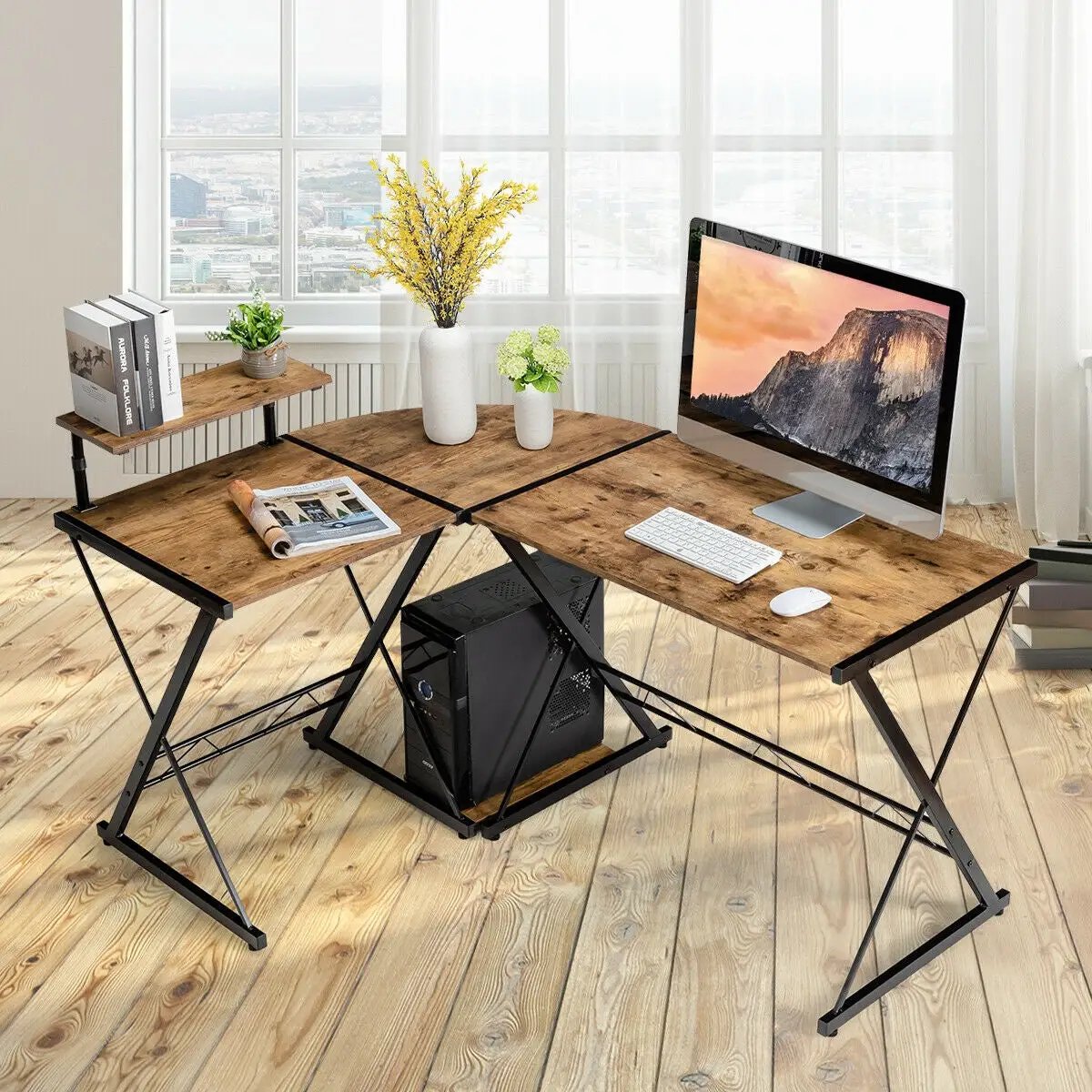 L-Shaped Desk Reversible Corner Computer Desk with Movable Shelf and CPU Stand by DirectDeals