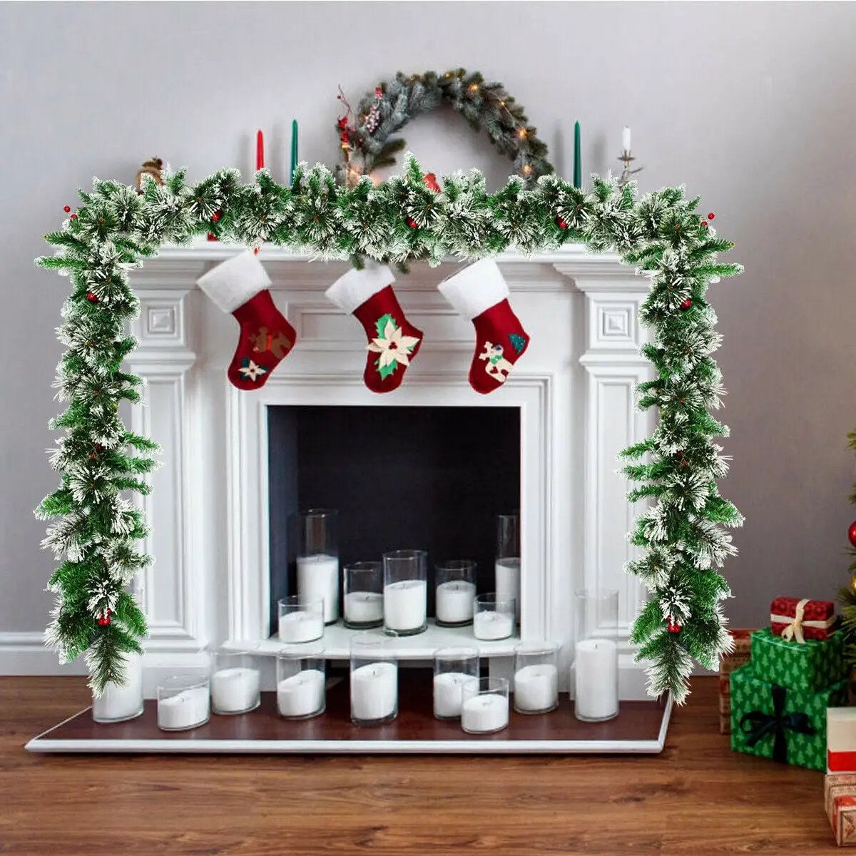 9 Feet Pre-lit Snow Flocked Tips Christmas Garland with Red Berries by DirectDeals