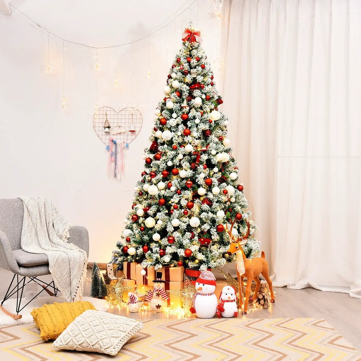 7.5 Feet Pre-Lit Premium Snow Flocked Hinged Artificial Christmas Tree with 550 Lights by DirectDeals