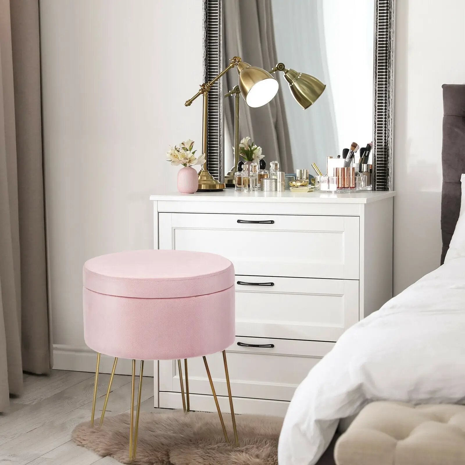 Round Velvet Storage Ottoman Footrest Stool Vanity Chair with Metal Legs by DirectDeals