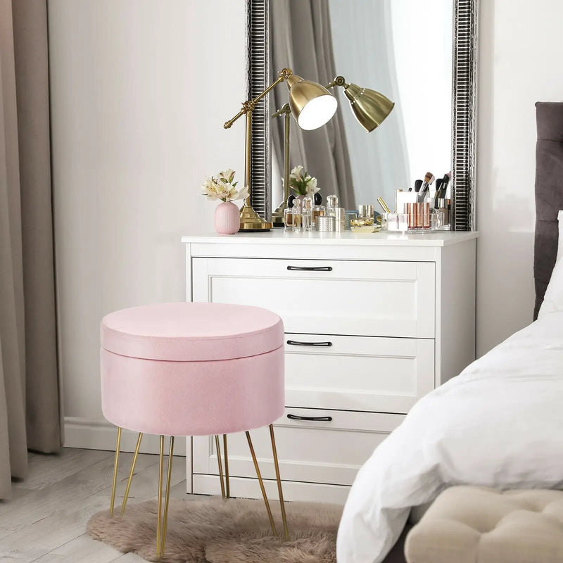 Round Velvet Storage Ottoman Footrest Stool Vanity Chair with Metal Legs by DirectDeals