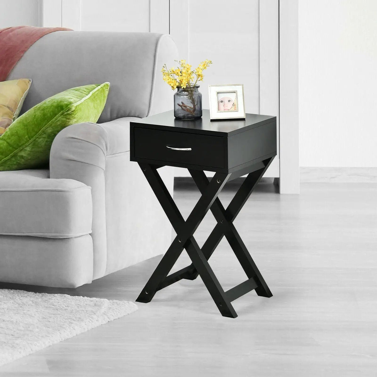 Design Sofa Side Table with X-Shape Drawer for Living Room Bedroom by DirectDeals