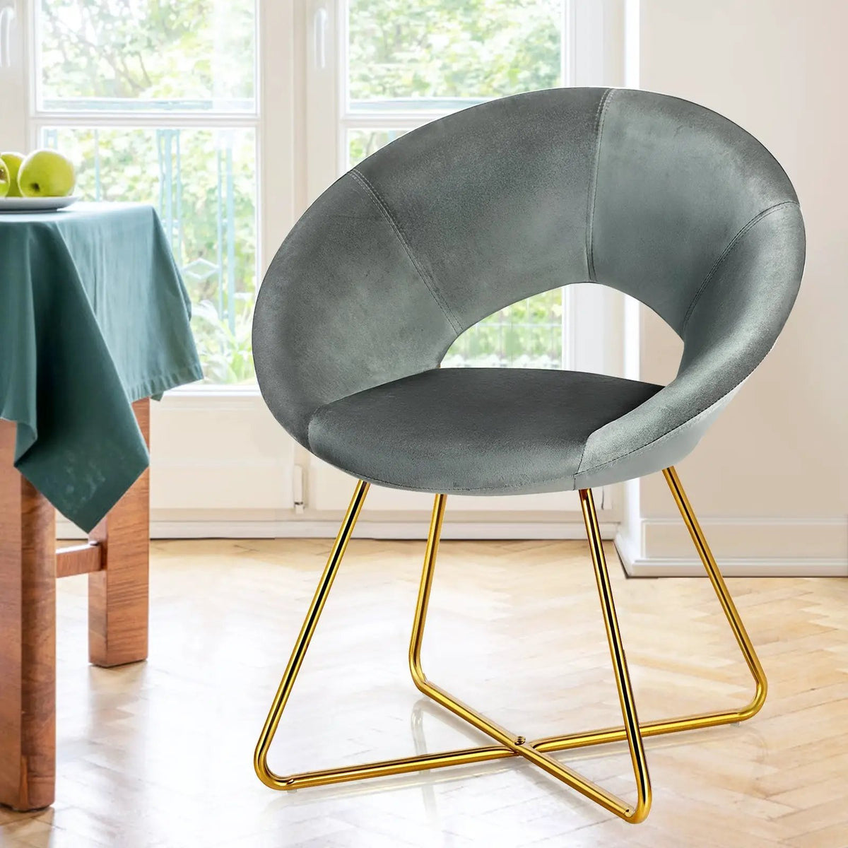 Modern Accent Velvet Dining Arm Chair with Golden Metal Legs and Soft Cushion by DirectDeals