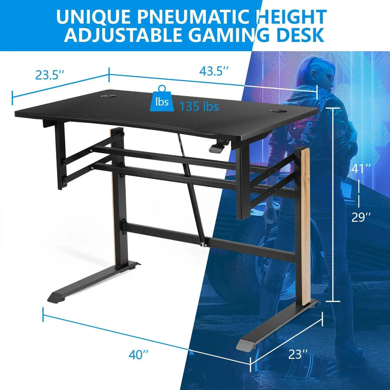 Pneumatic Height Adjustable Gaming Desk T Shaped Game Station with Power Strip Tray-Black by DirectDeals