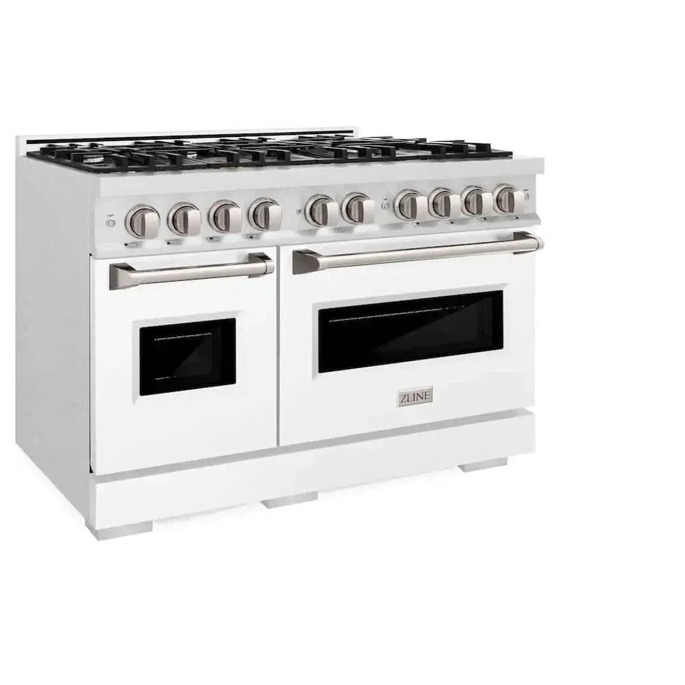 ZLINE 48"Classic Gas Range, Convection Gas Oven, DuraSnow® Stainless Steel, White Matte Door CGRS-WM-48 by Farmhouse Kitchen and Bath
