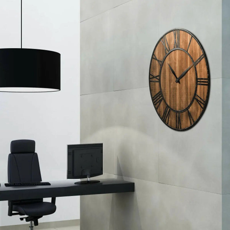 27 Inch Round Wall Clock Decorative Wooden Silent Clock with Battery by DirectDeals
