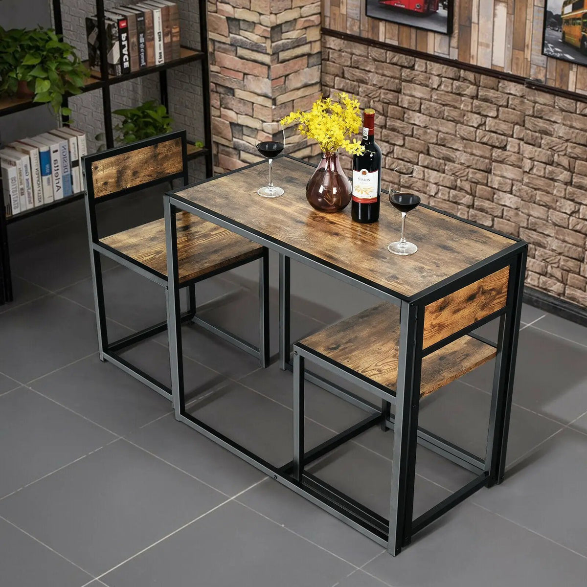 3 Pcs Dining Set Compact Table and 2 Chair with Metal Frame for for Small Space by DirectDeals