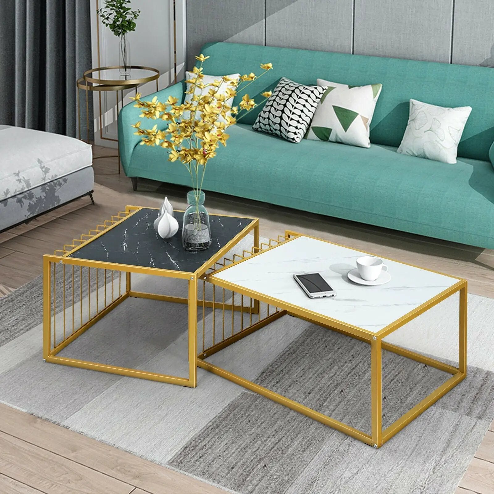 Set of 2 Modern Stackable 31.5 Inch Side Table with Waterproof Faux Marble Tabletop by DirectDeals