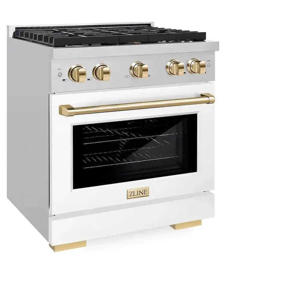 ZLINE 30"Paramount Dual Fuel Range White Matte Gold SDRZ-WM-30-G by Farmhouse Kitchen and Bath
