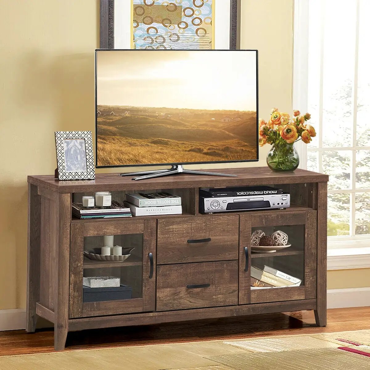 Wooden Retro TV Stand with Drawers and Tempered Glass Doors by DirectDeals