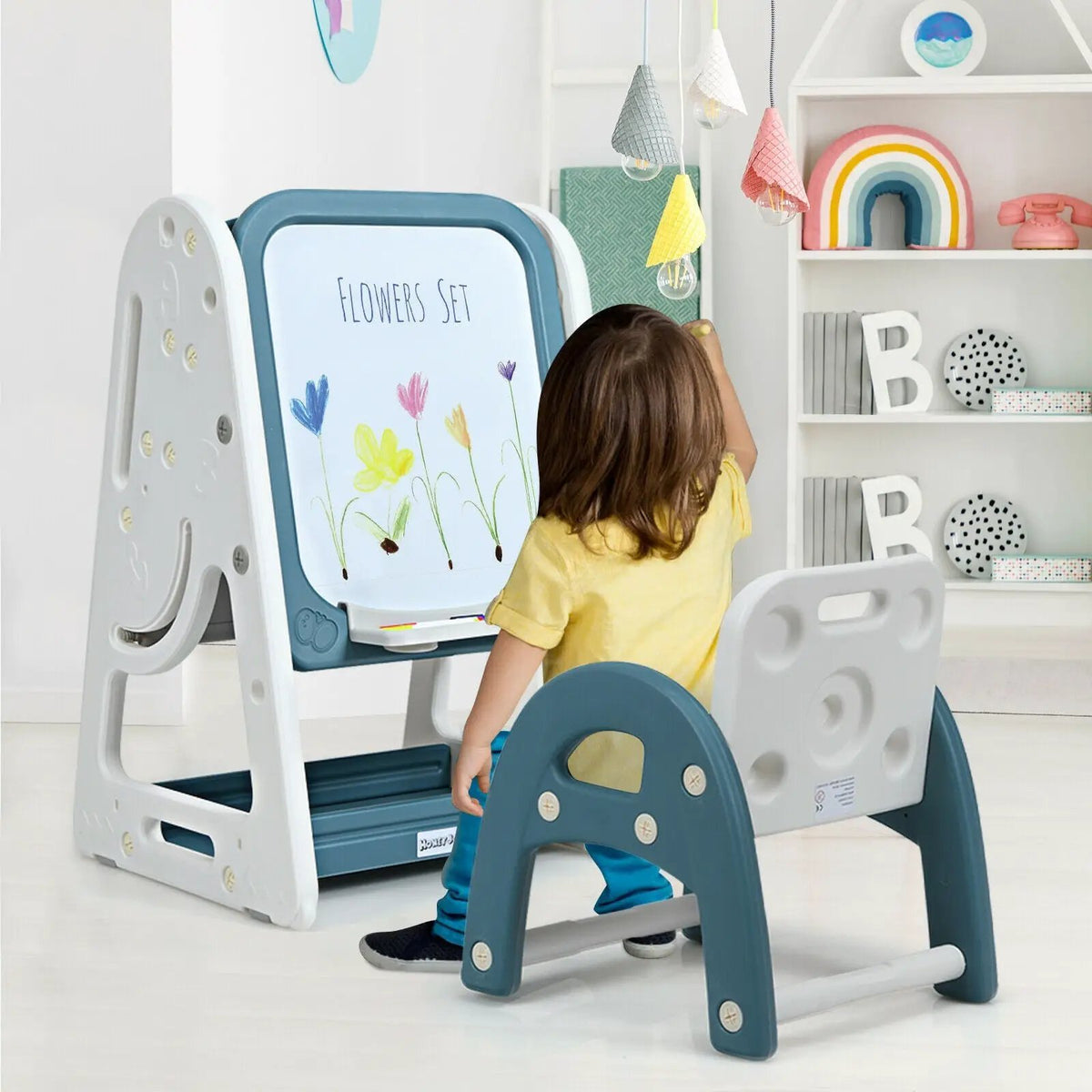 2-in-1 Kids Easel Desk Chair Set Book Rack Adjustable Art Painting Board by DirectDeals