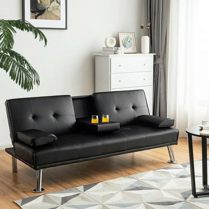 Convertible Folding Leather Futon Sofa with Cup Holders and Armrests by DirectDeals