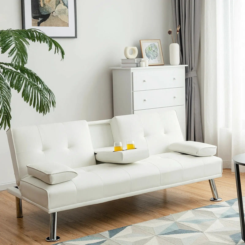 Convertible Folding Leather Futon Sofa with Cup Holders and Armrests by DirectDeals