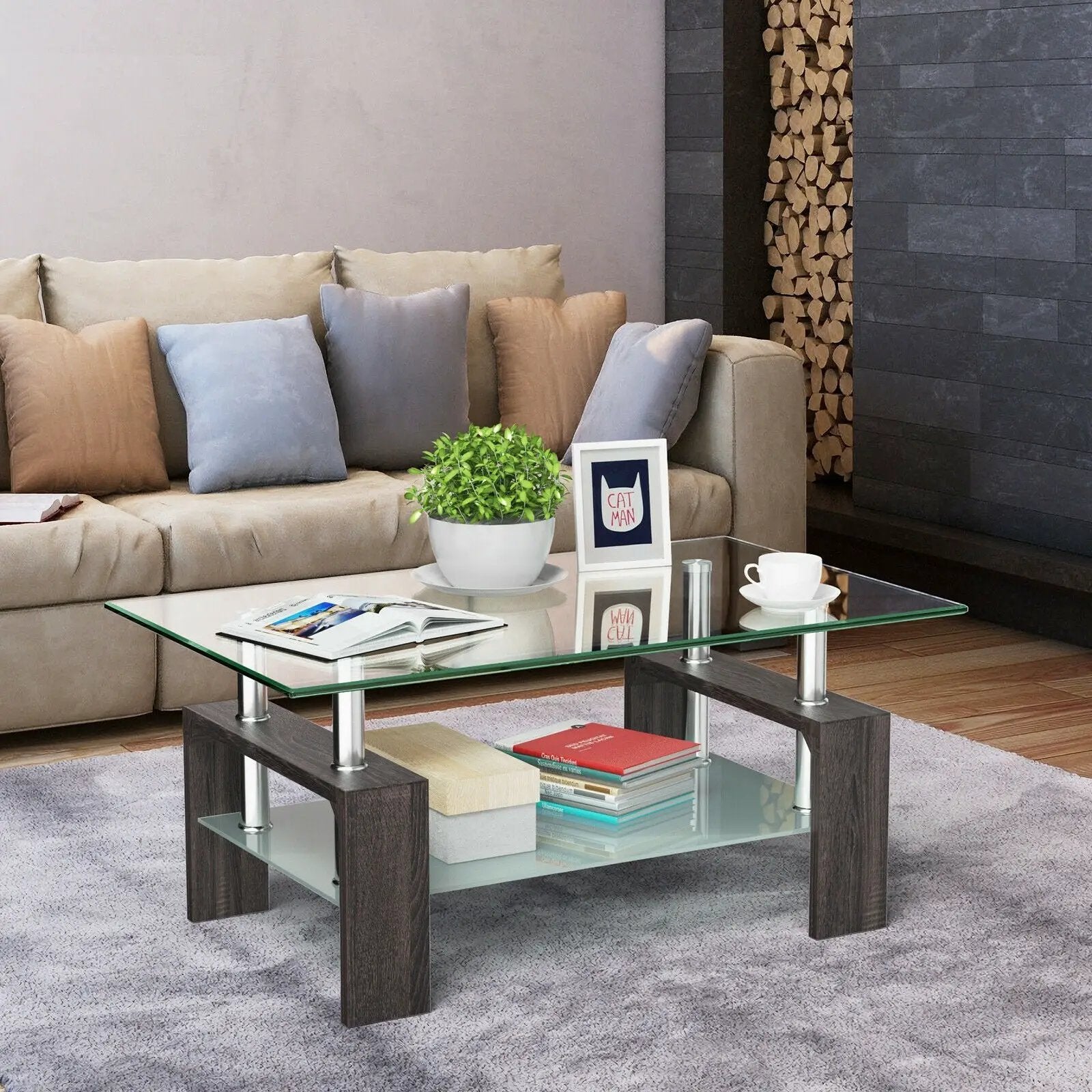 Rectangular Tempered Glass Coffee Table with Shelf by DirectDeals