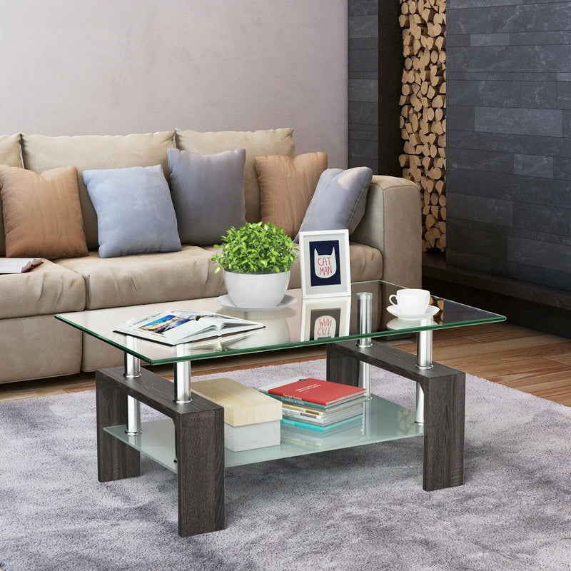 Rectangular Tempered Glass Coffee Table with Shelf by DirectDeals