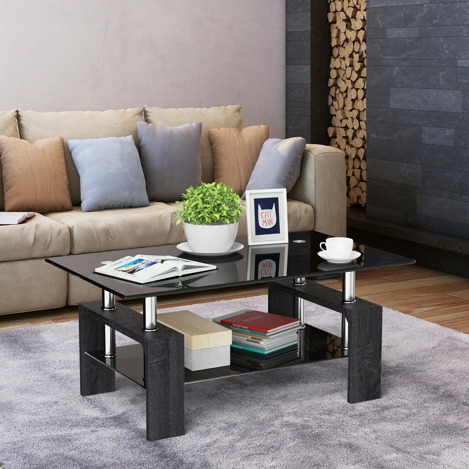 Rectangular Tempered Glass Coffee Table with Shelf by DirectDeals